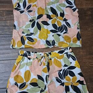 Rachel Zoe Multicolor Leaf Print Linen Set